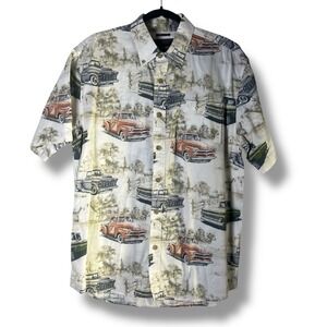 North River Mens Sz Large Classic Truck Car Print Button Down Short Sleeve Shirt